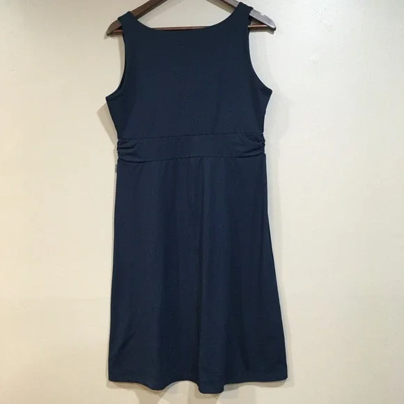 Eddie Bauer Womens L Tall Navy Blue V Neck Faux Wrap Ruched Waist Midi Dress - Picture 6 of 9
